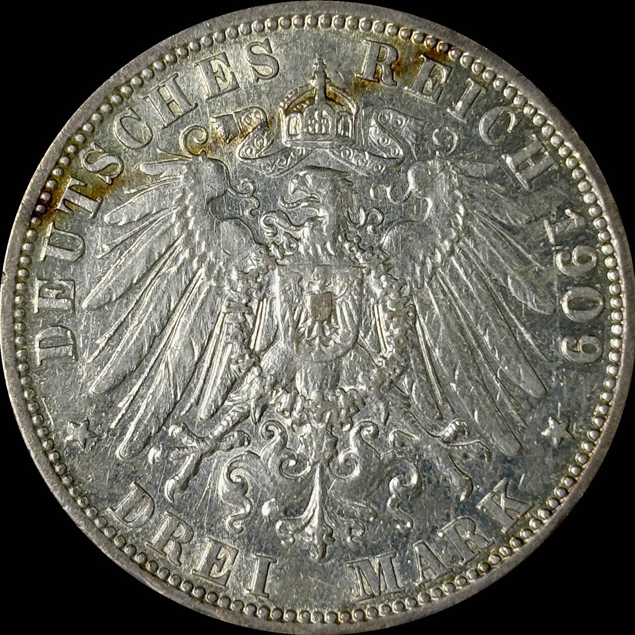 【雨安】【世界币章112-113期】周五/周六 两场连拍 2025-10-31 周五 19:30 保真 8秒倒数自动落锤 高效拍卖  [裸币德国] Germany 德国 帝国 普鲁士 3马克 威廉二世 1909年