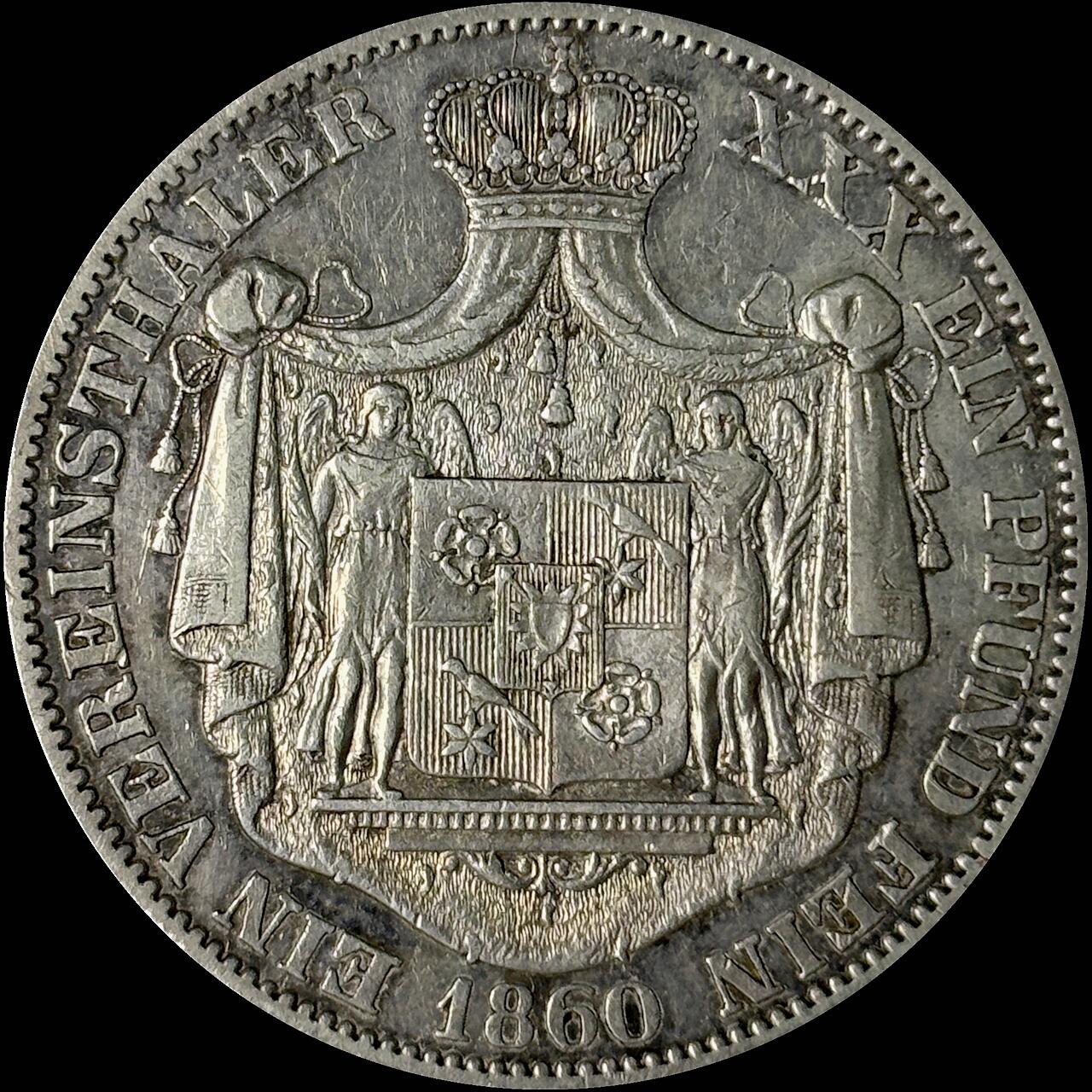 【雨安】【世界币章112-113期】周五/周六 两场连拍 2025-10-31 周五 19:30 保真 8秒倒数自动落锤 高效拍卖  [裸币德国] Germany 德国 德意志 1泰勒 Schaumburg-Lippe绍姆堡-利珀 Thun.389 KM#0046 1860年