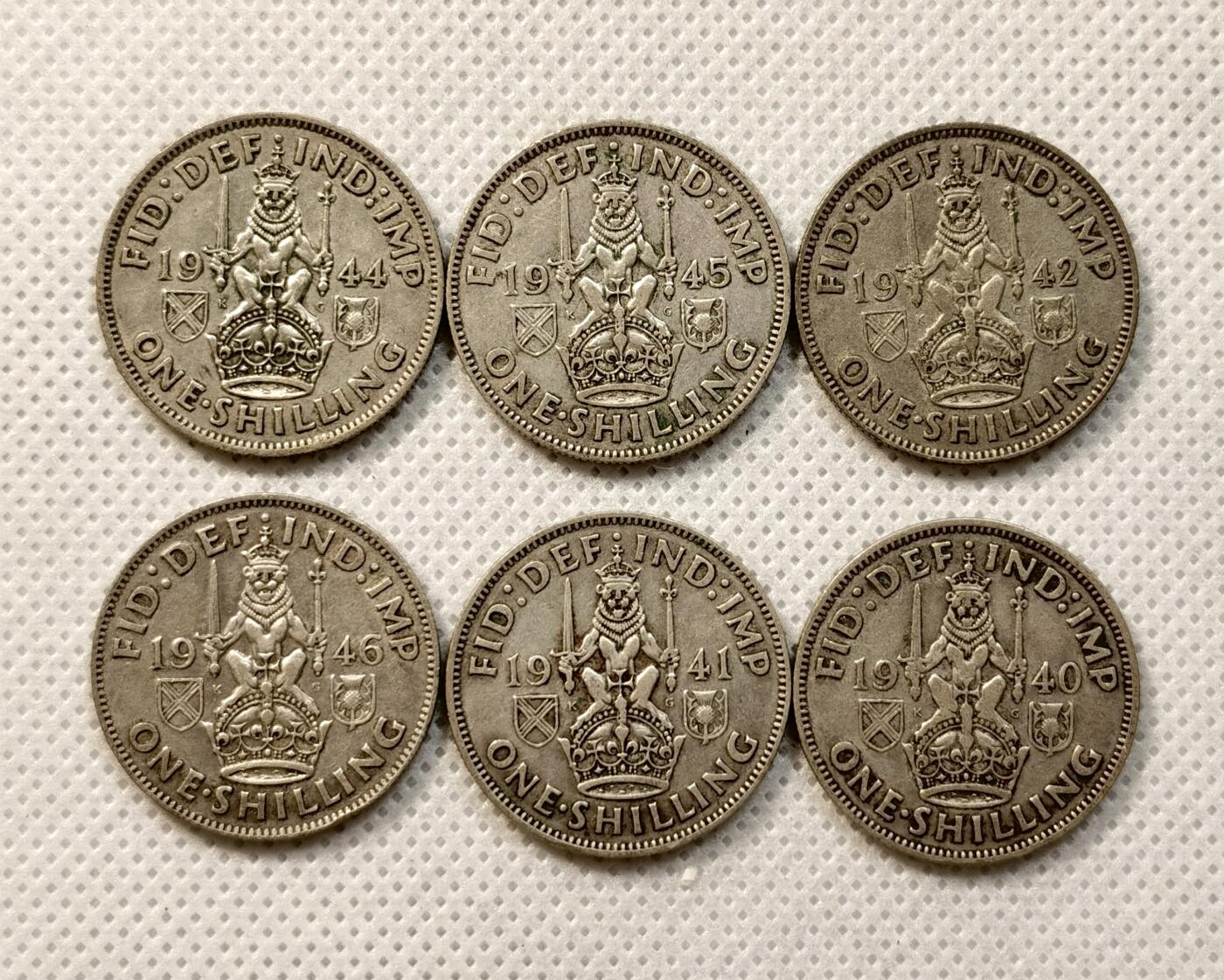 甄臻铺-世界币章拍卖（第37期），送拍享返佣金等优惠多多 英国1940-1946年1先令银币6枚 苏格兰版 年份不重复难找