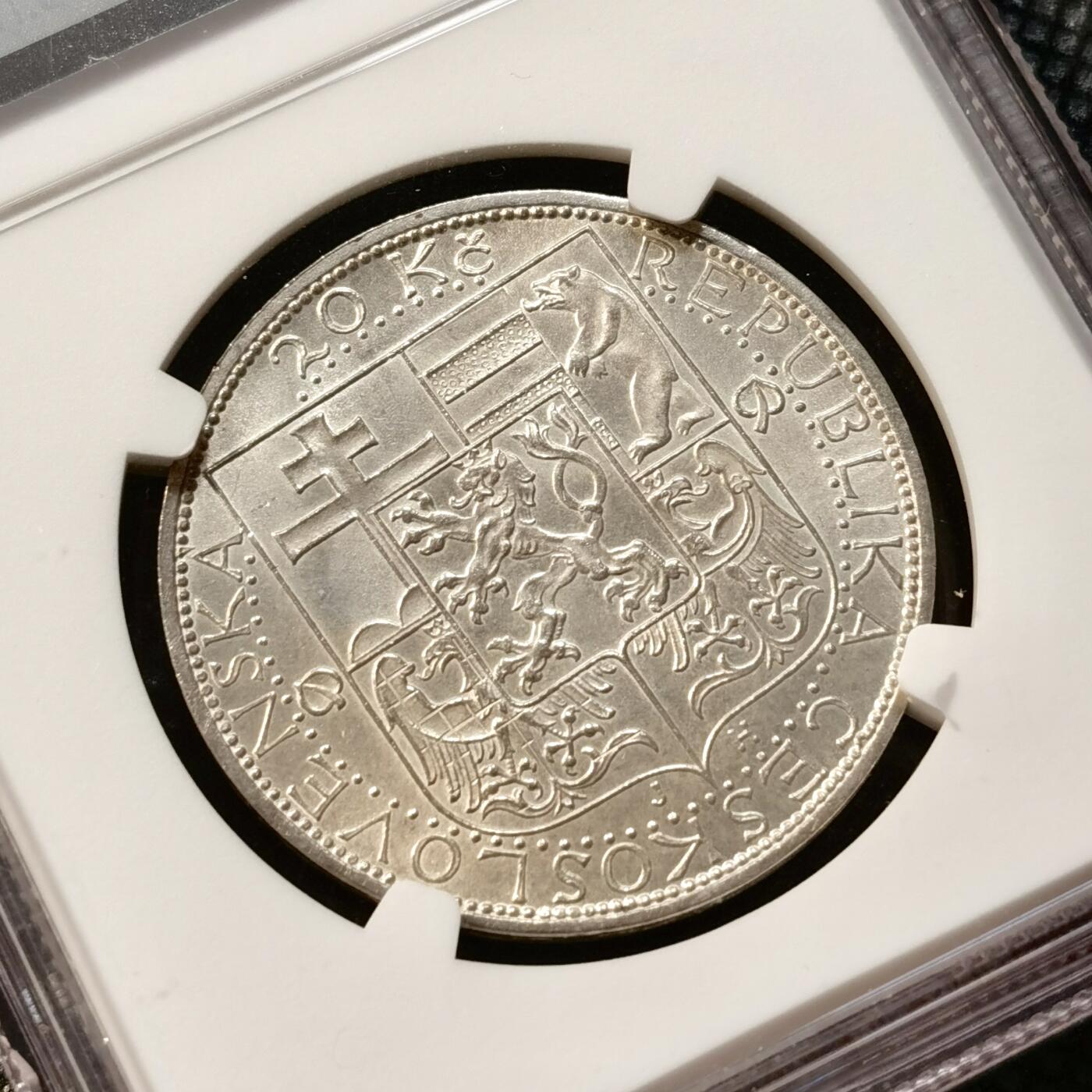 甄臻铺-世界币章拍卖（第37期），送拍享返佣金等优惠多多 NGC-UNCD 捷克斯洛伐克1937年20克朗纪念银币
