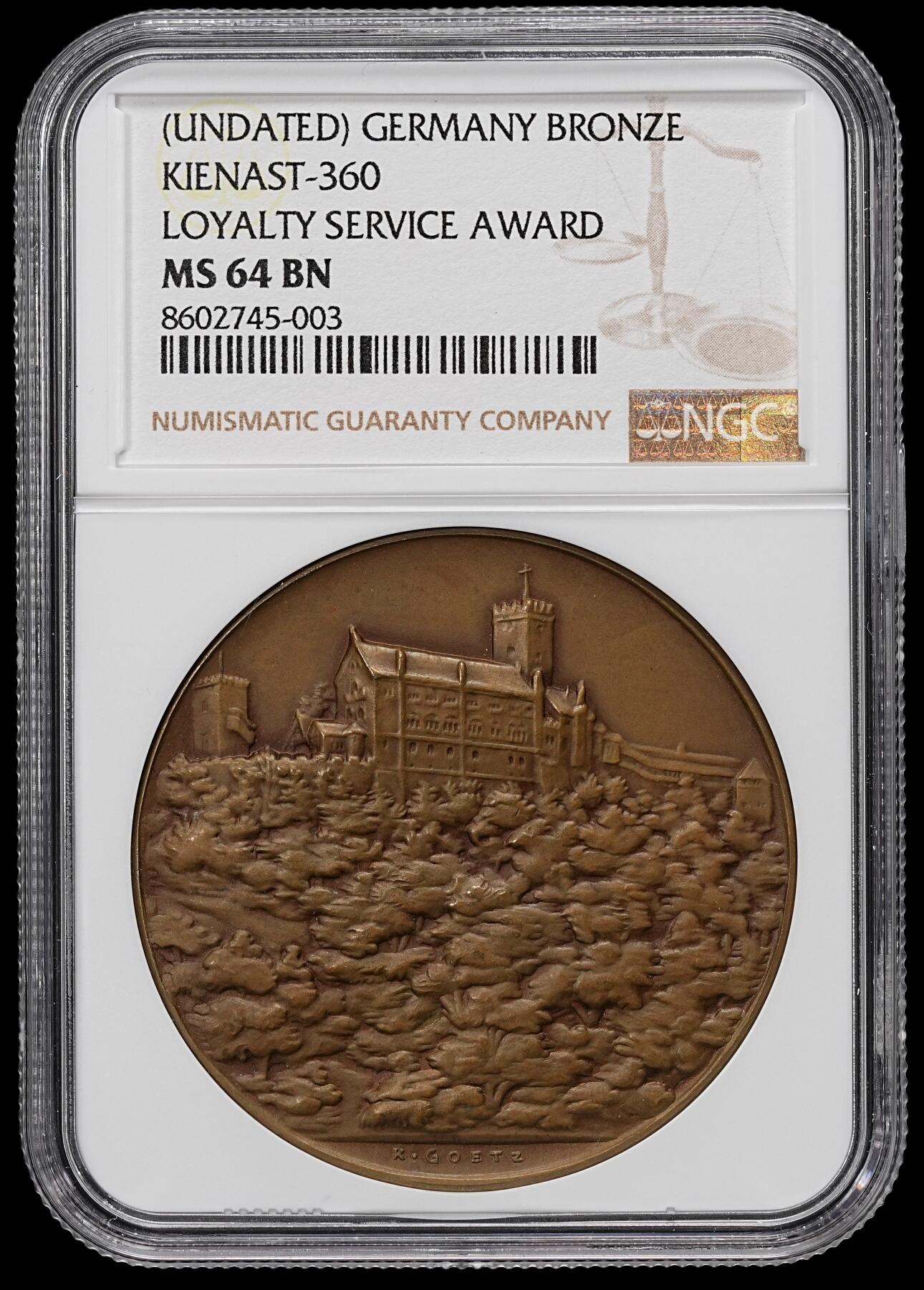 修遠堂世界钱币第九十一期 NGC MS64BN 魏玛政府时期-图林根景观大铜章 大名家卡尔歌茨作品