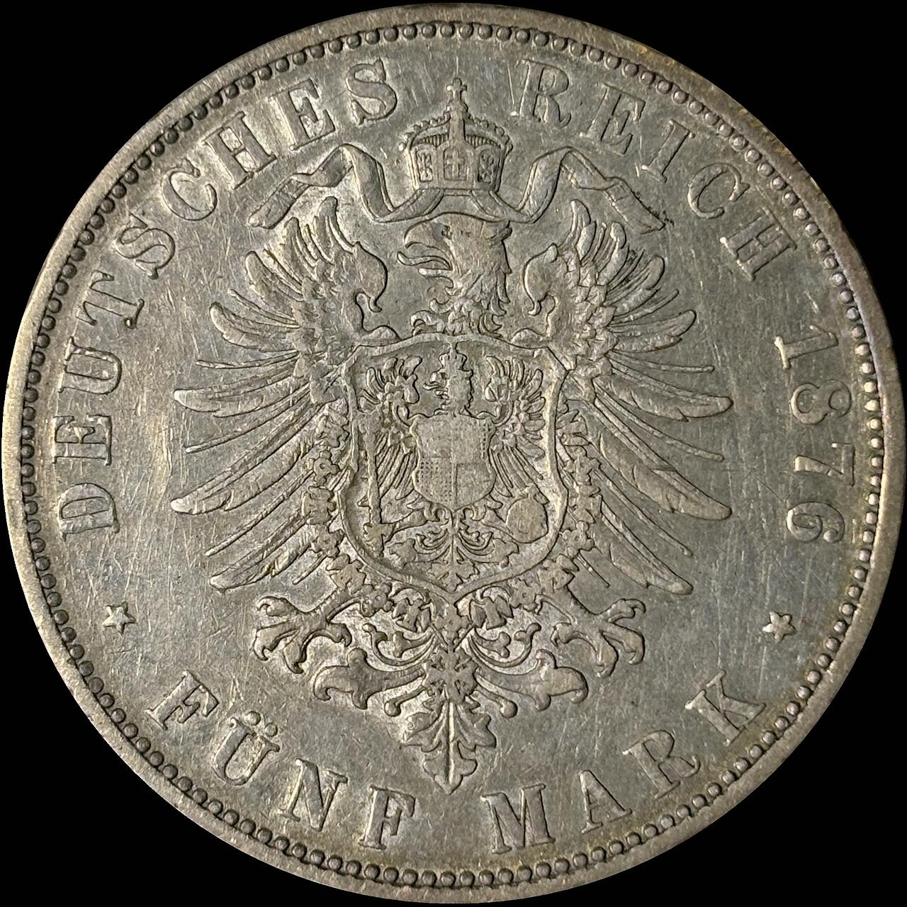 【雨安】【世界币章112-113期】周五/周六 两场连拍 2025-10-31 周五 19:30 保真 8秒倒数自动落锤 高效拍卖  [裸币德国] Germany 德国 帝国 符腾堡 5马克 卡尔 1876年