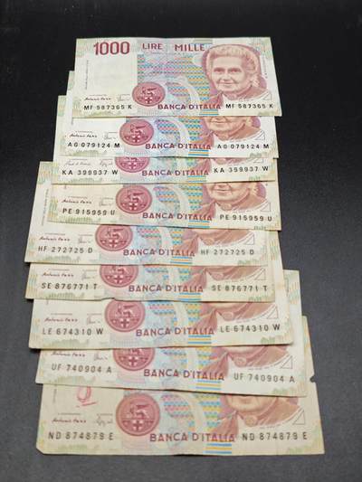 【淘币小摊】实时拍第七百八十二拍   无佣金纸币福利场   满百包邮可预留二周 每周一统一发货   - 意大利1000里拉9张