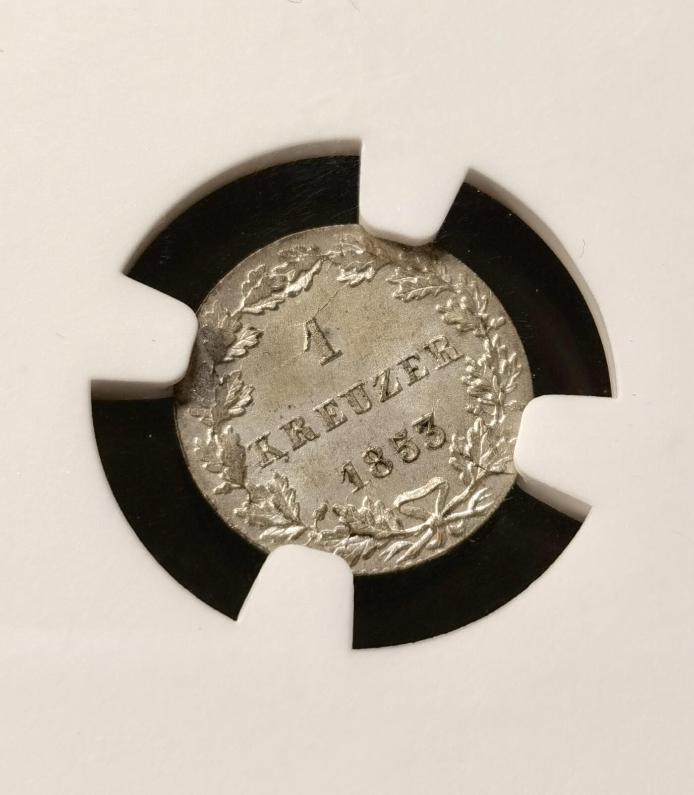 甄臻铺-世界币章拍卖（第37期），送拍享返佣金等优惠多多 NGC-MS64 1853年德国1克鲁兹银币 离冠鹰 完美品相 分毫毕现