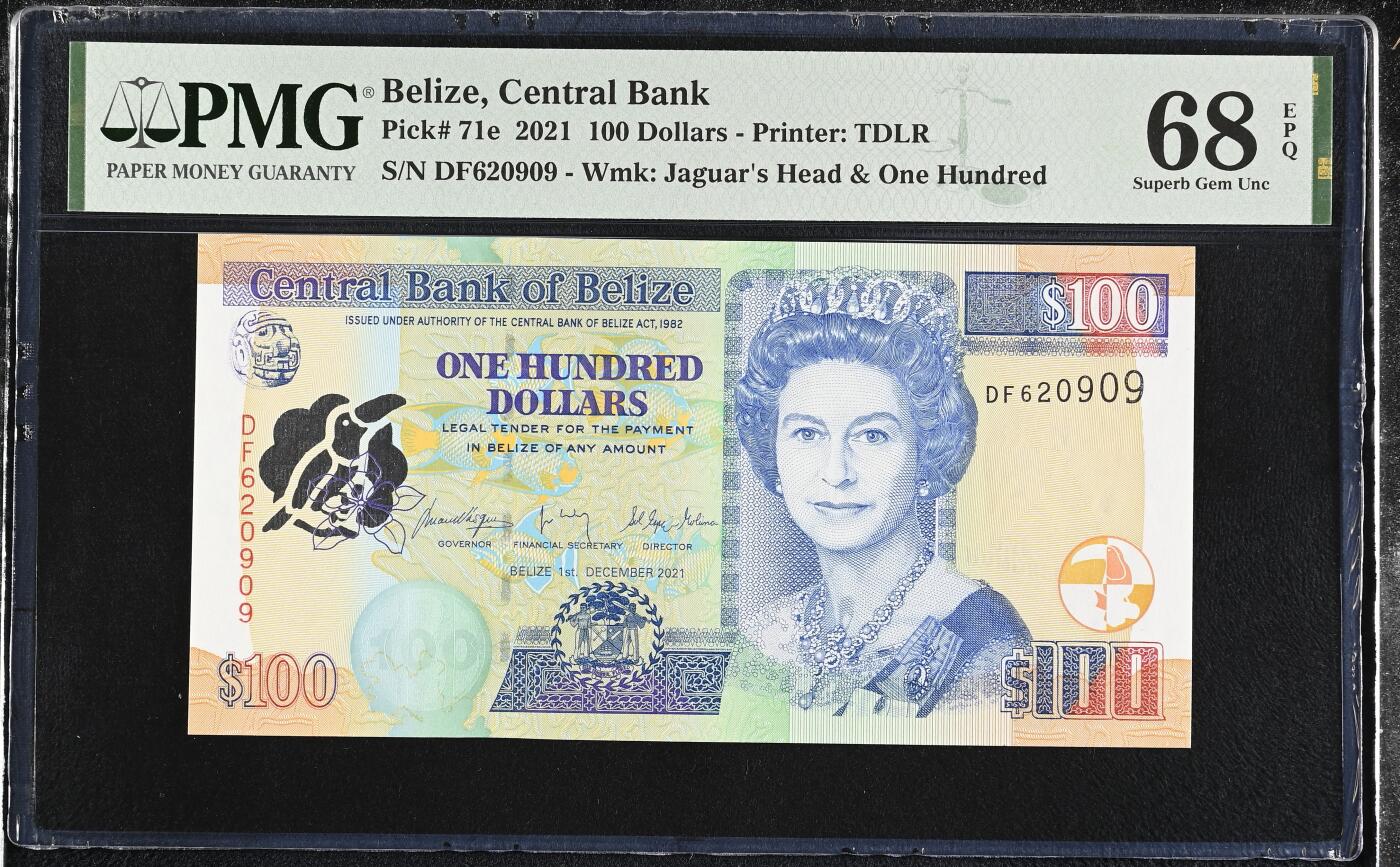 《艾美收藏》第218期-11.2周日外币荟萃 伯利兹2021年100元最高值PMG68E唯七冠军分靓号0269组合