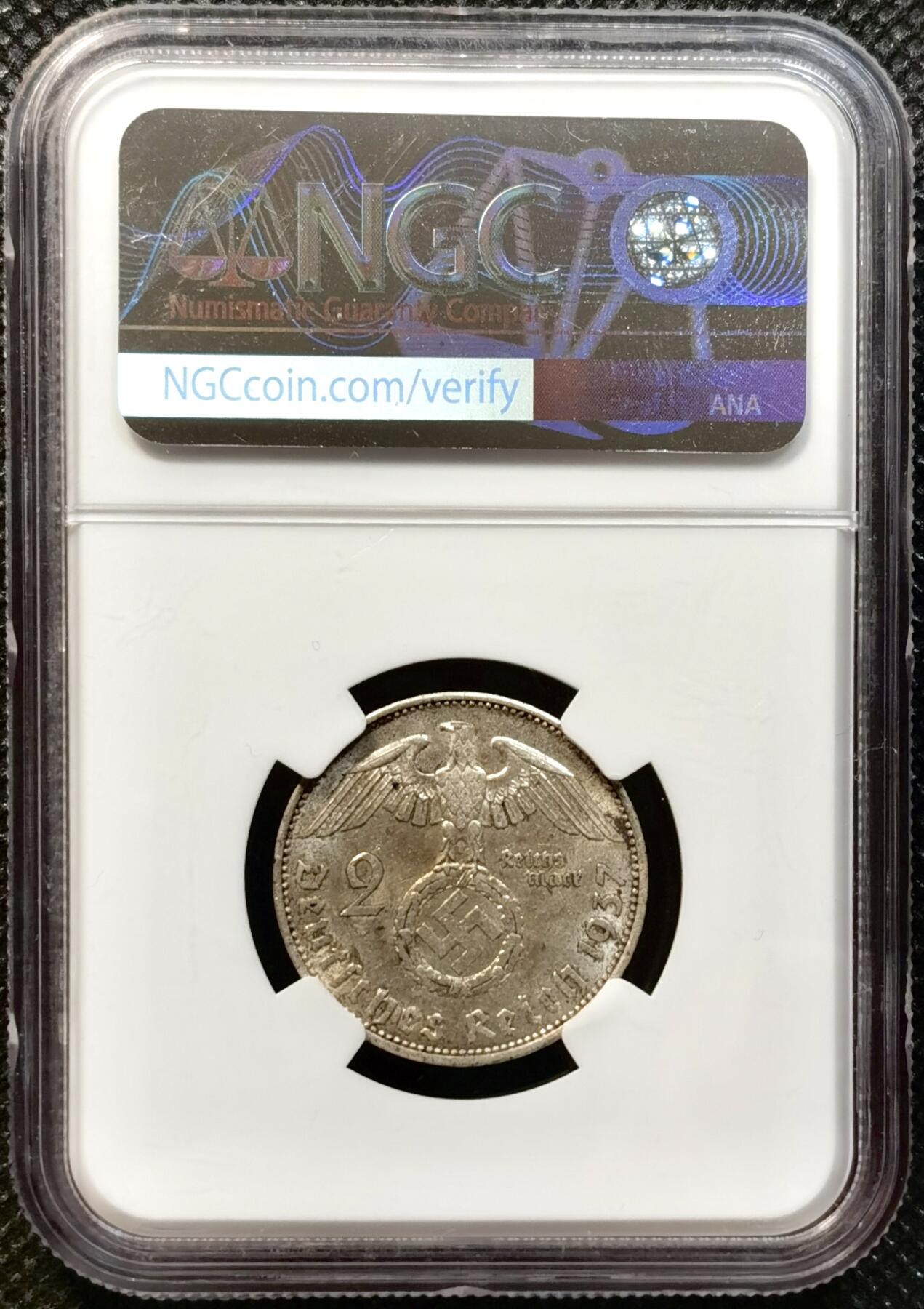 甄臻铺-世界币章拍卖（第37期），送拍享返佣金等优惠多多 NGC-MS62 德国1937年A版兴登堡2马克银币