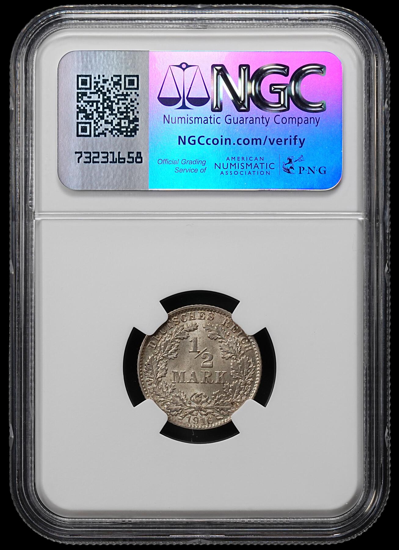修遠堂世界钱币第九十一期 NGC MS67 1916年德国1/2马克银币 D厂铭