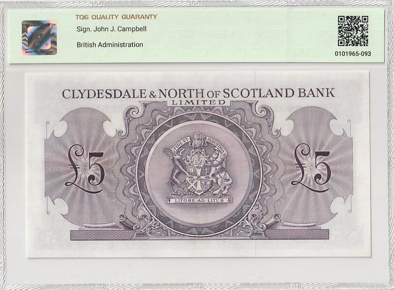 2025十一月第一期，总199期 苏格兰克莱斯戴勒和北部银行1956年5镑TQG45分，象征两银行联合的两地地标性建筑阿伯丁大教堂和格拉斯哥大学，早期两家银行联合时期发行，极稀有中高面值