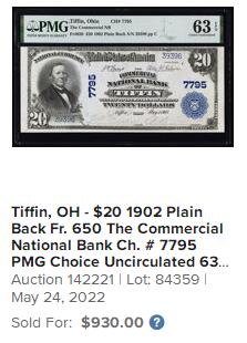 【Blue Auction】世界纸币精拍第744期——18级TOP拍卖/信誉/品质/专业/高效💫 【无47】美国 俄亥俄州 蒂芬商业银行 1902年20美金 PMG63EPQ 大票幅 正面人物为前财政部长休-麦卡洛克 背面美国财政部和国会大厦 半裸的女神 雄鹰 雕刻精美 （同fr同州同银行同分的一张22年拍了930美金） 