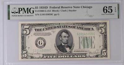《外钞收藏家》第五百八十期（精选场）（本平台长期征集拍品、欢迎藏友们联系合作） - 1934D年 5美元 联邦储备券 （1934系列收官D编号 ）PMG65EPQ