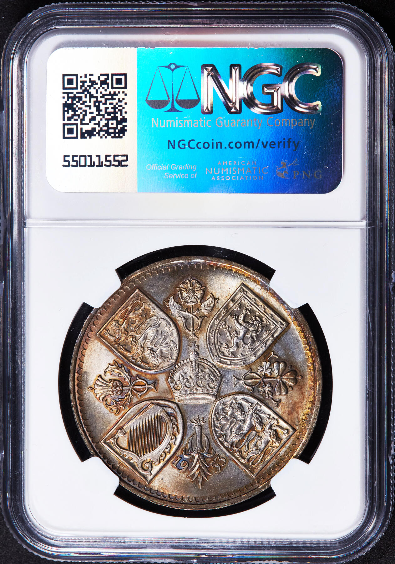 【俄甄集藏】2025年(044)11-12星期三晚 19:30 全场包邮 英国1953年伊丽莎白二世加冕1克朗纪念币，NGC MS64，五彩包浆