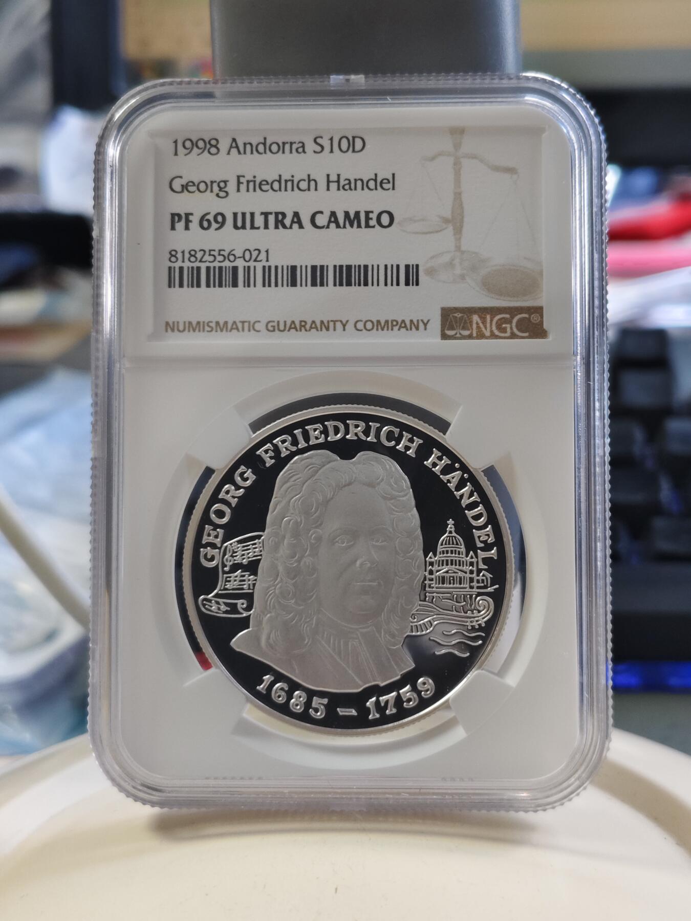 第180期拍卖【长期征集拍品】【北京币展专场】 安道尔1997年音乐家巴赫10第纳尔精制纪念银币 NGC-PF69,31.1克,925银