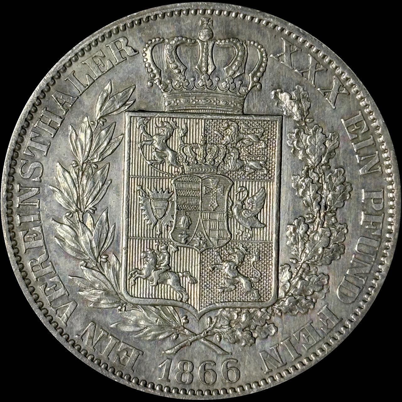 【雨安】【世界币章112-113期】周五/周六 两场连拍 2025-10-31 周五 19:30 保真 8秒倒数自动落锤 高效拍卖  [裸币德国] Germany 德国 德意志 1泰勒 Oldenburg奥尔登堡 Thun.241 KM#0196 (1858-1866) 1866年 极美细节, 立体感极强