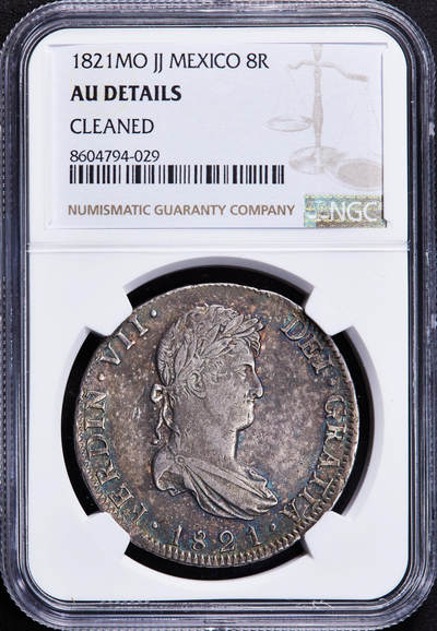 【俄甄集藏】2025年(044)11-12星期三晚 19:30 全场包邮 - 西属墨西哥1821年费尔南多七世JJ版8里亚尔双柱大银币，NGC AUD，五彩酱彩老包浆，细节深打，原光品相，疑似错杀，状态难得