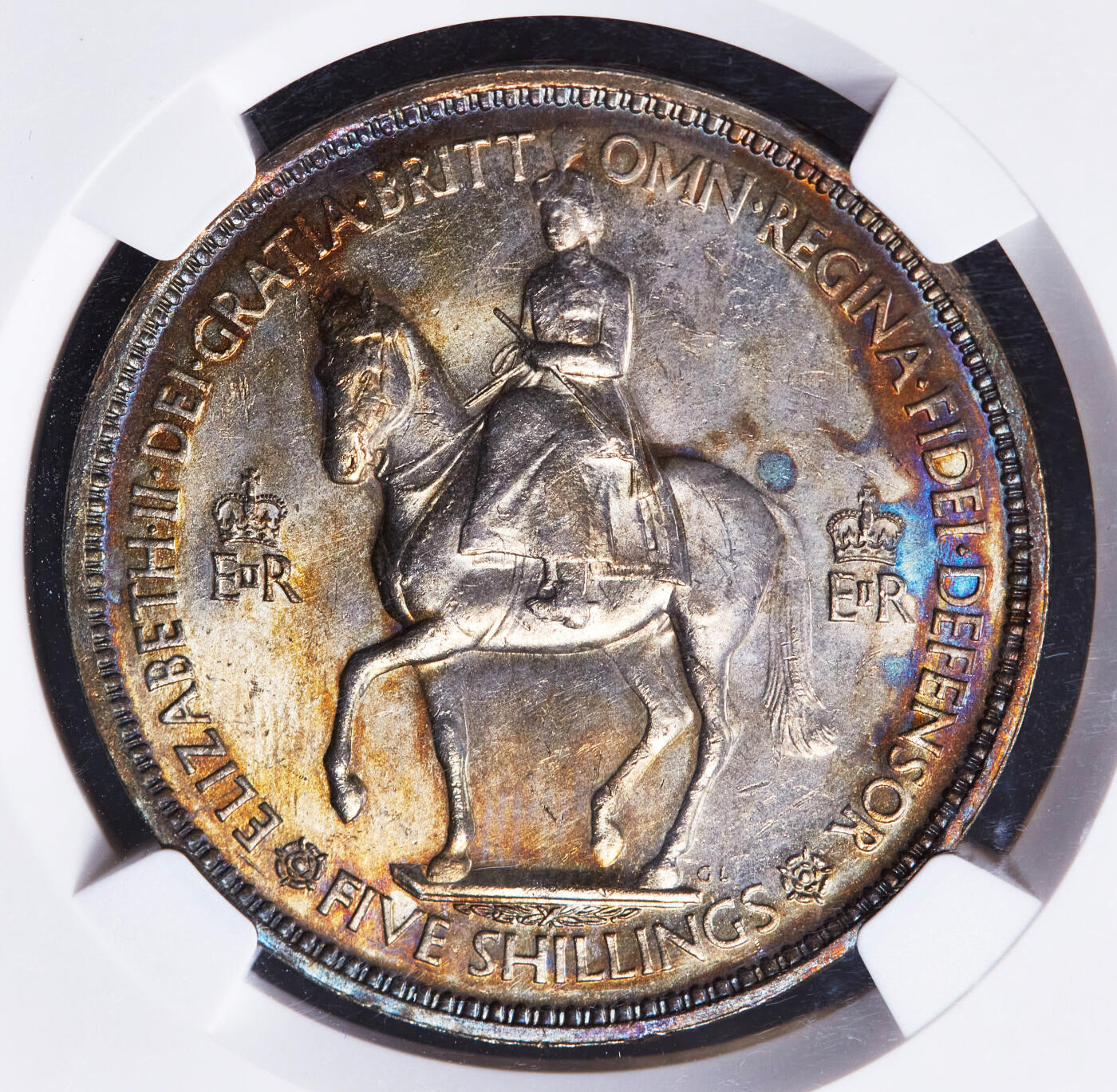 【俄甄集藏】2025年(044)11-12星期三晚 19:30 全场包邮 英国1953年伊丽莎白二世加冕1克朗纪念币，NGC MS64，五彩包浆