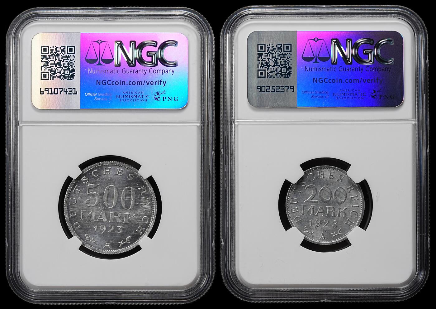 修遠堂世界钱币第九十一期 NGC评级 1923年魏玛政府200，500马克铝币两枚