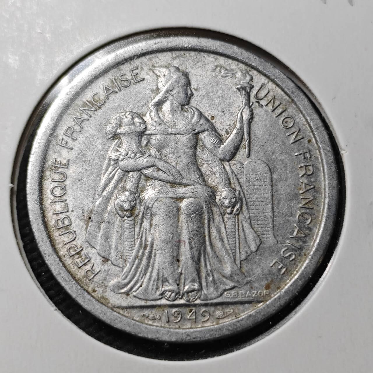 KK钱币收藏小铺  第361场  2月预留时间 周末发货  1949法属新喀里多尼亚2法郎