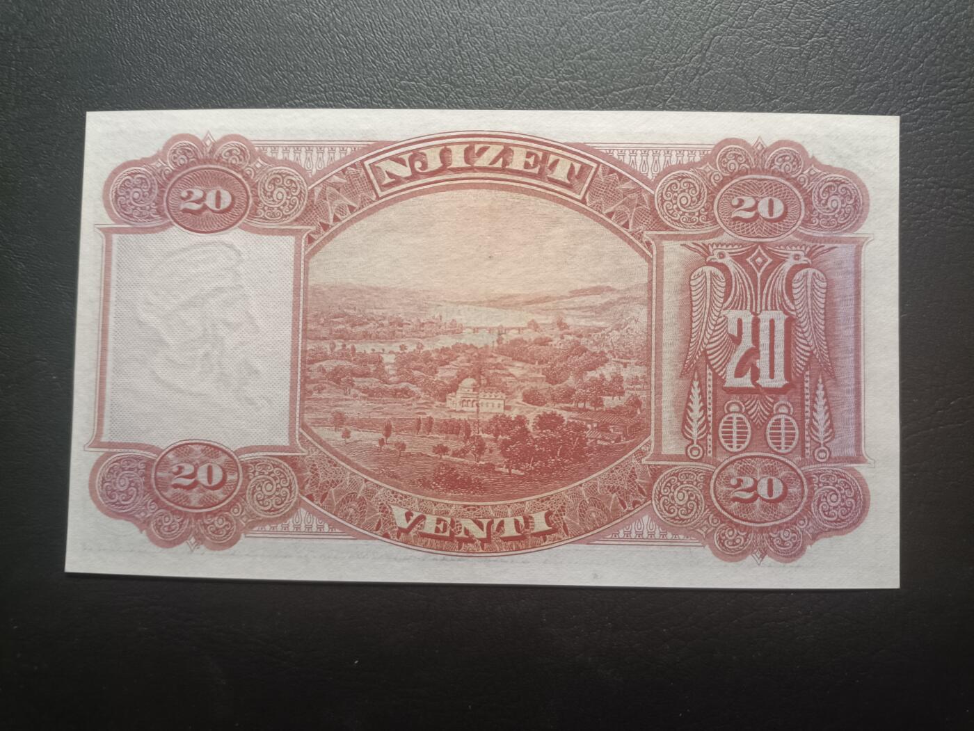 2025十一月第一期，总199期 阿尔巴尼亚1926版20法郎UNC-倒置号无47，民族服饰青年和迪林桥周围的乡村