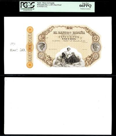 【Blue Auction】世界纸币精拍第744期——18级TOP拍卖/信誉/品质/专业/高效💫 - 西班牙1871年50埃斯库多 墨丘利、小天使和八角雄鸡章组成画框 存世基本为线条粗糙的老假和影响欣赏的打孔样钞 本张超大印样雕刻精细难得 PCGS66PPQ（1868年光荣革命爆发伊莎贝拉二世流亡，共和政府选定普鲁士人为君王遭法国强力阻挠，成为普法战争的导火索，经历短暂萨伏伊王朝后，74年波旁王朝复辟，铸就西班牙纸币史上极特殊的“埃斯库多期”）