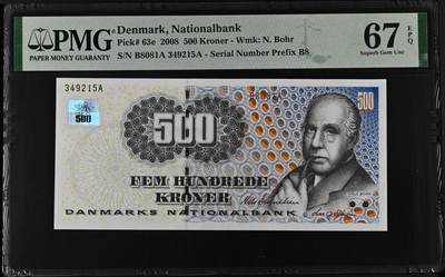 《艾美收藏》第218期-11.2周日外币荟萃 - 丹麦2008年500克朗PMG67E高分 诺奖得主物理学家玻尔 Pick#63e
