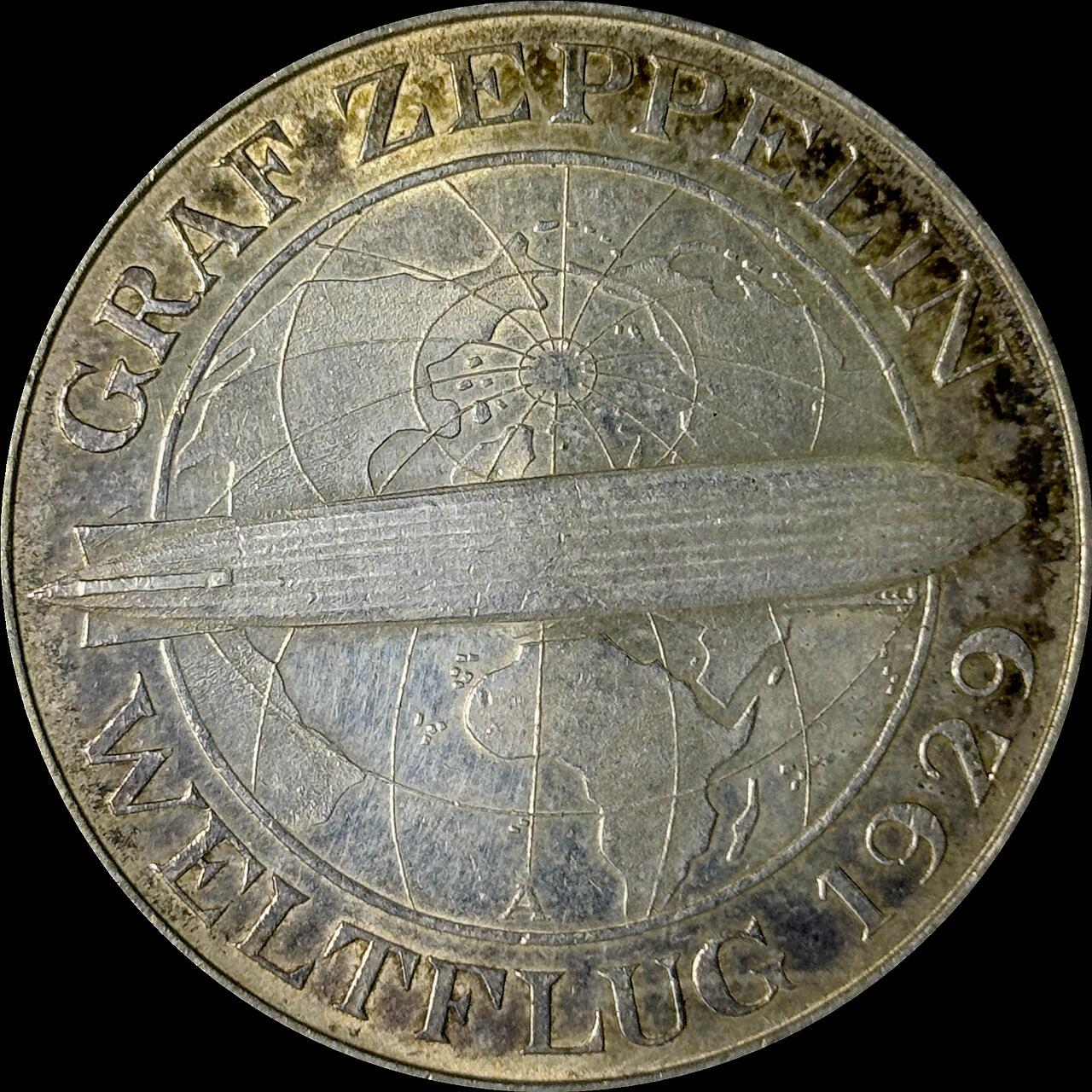 【雨安】【世界币章112-113期】周五/周六 两场连拍 2025-10-31 周五 19:30 保真 8秒倒数自动落锤 高效拍卖  [裸币德国] Germany 德国 魏玛 5马克 KM#68 飞艇 1930年