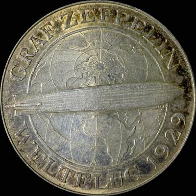 【雨安】【世界币章112-113期】周五/周六 两场连拍 2025-10-31 周五 19:30 保真 8秒倒数自动落锤 高效拍卖  - [裸币德国] Germany 德国 魏玛 5马克 KM#68 飞艇 1930年