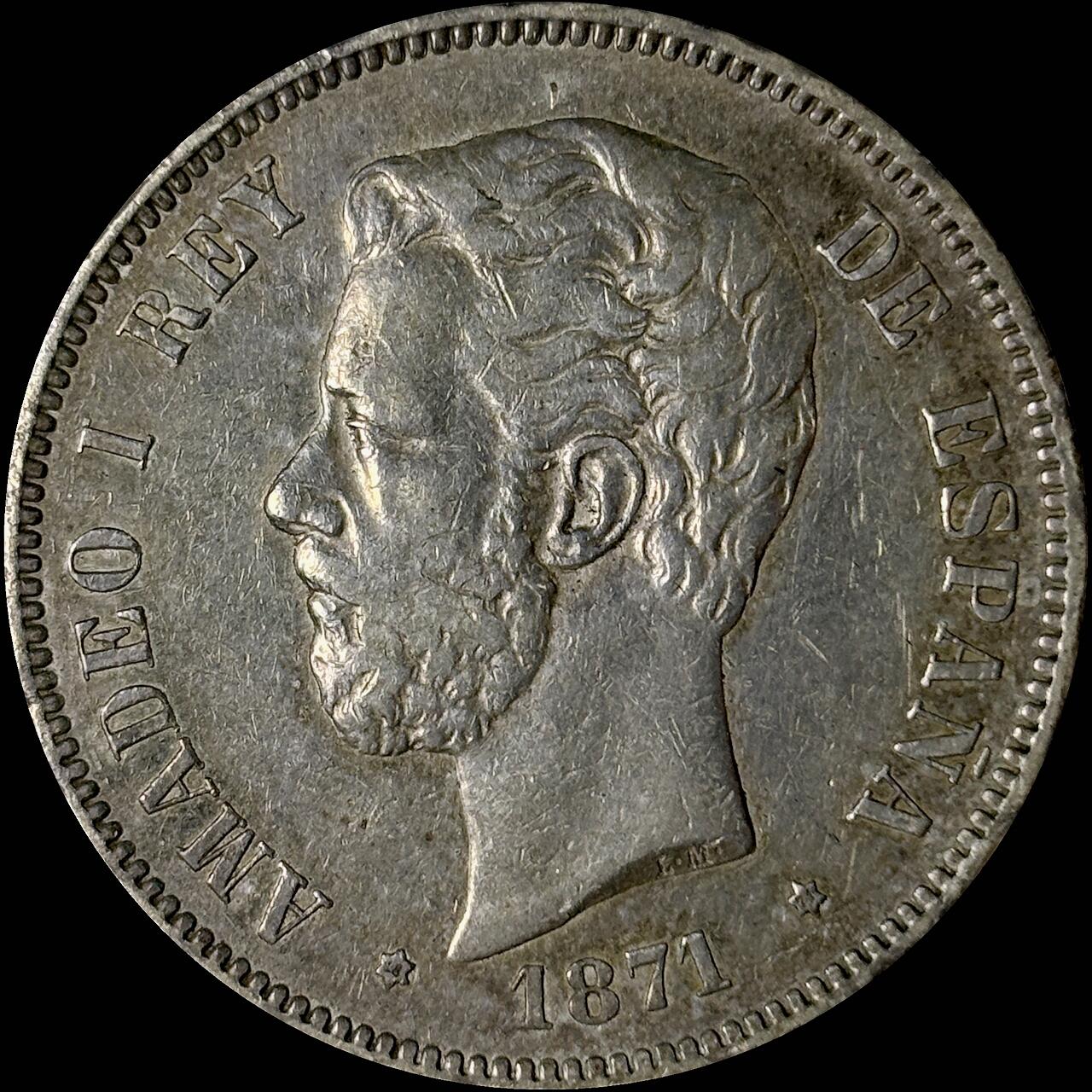 【雨安】【世界币章112-113期】周五/周六 两场连拍 2025-10-31 周五 19:30 保真 8秒倒数自动落锤 高效拍卖  [裸币各国] Spain 西班牙 5比塞塔 1871年 阿玛迪奥一世