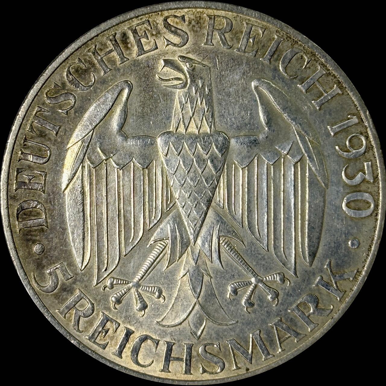 【雨安】【世界币章112-113期】周五/周六 两场连拍 2025-10-31 周五 19:30 保真 8秒倒数自动落锤 高效拍卖  [裸币德国] Germany 德国 魏玛 5马克 KM#68 飞艇 1930年