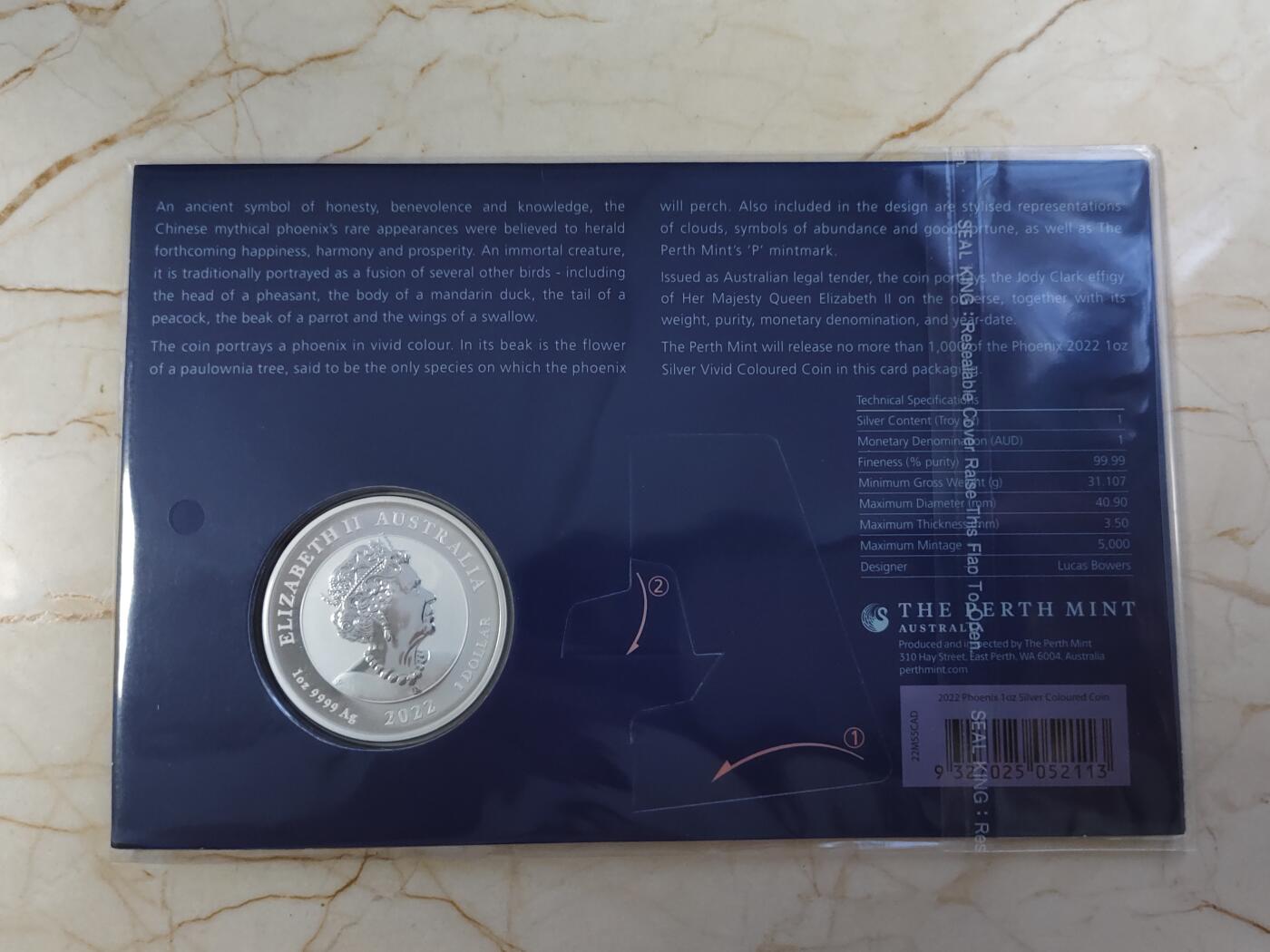第180期拍卖【长期征集拍品】【北京币展专场】 卡装蓝澳大利亚2022年中国神话传说系列凤凰彩色1盎司银币，9999银，发行5000枚