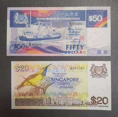 《艾美收藏》第218期-11.2周日外币荟萃 - (2张)新加坡船版50元UNC无47 角不太绝 原票原汁原味&鸟版A冠20元UNC无4