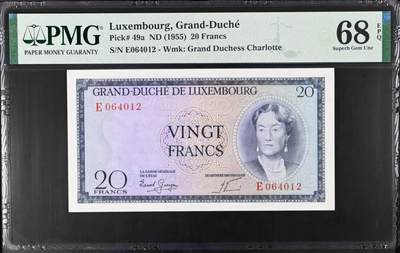《艾美收藏》第218期-11.2周日外币荟萃 - 卢森堡1955年20法郎PMG68E唯四冠军分 难上分品种 Pick#49a