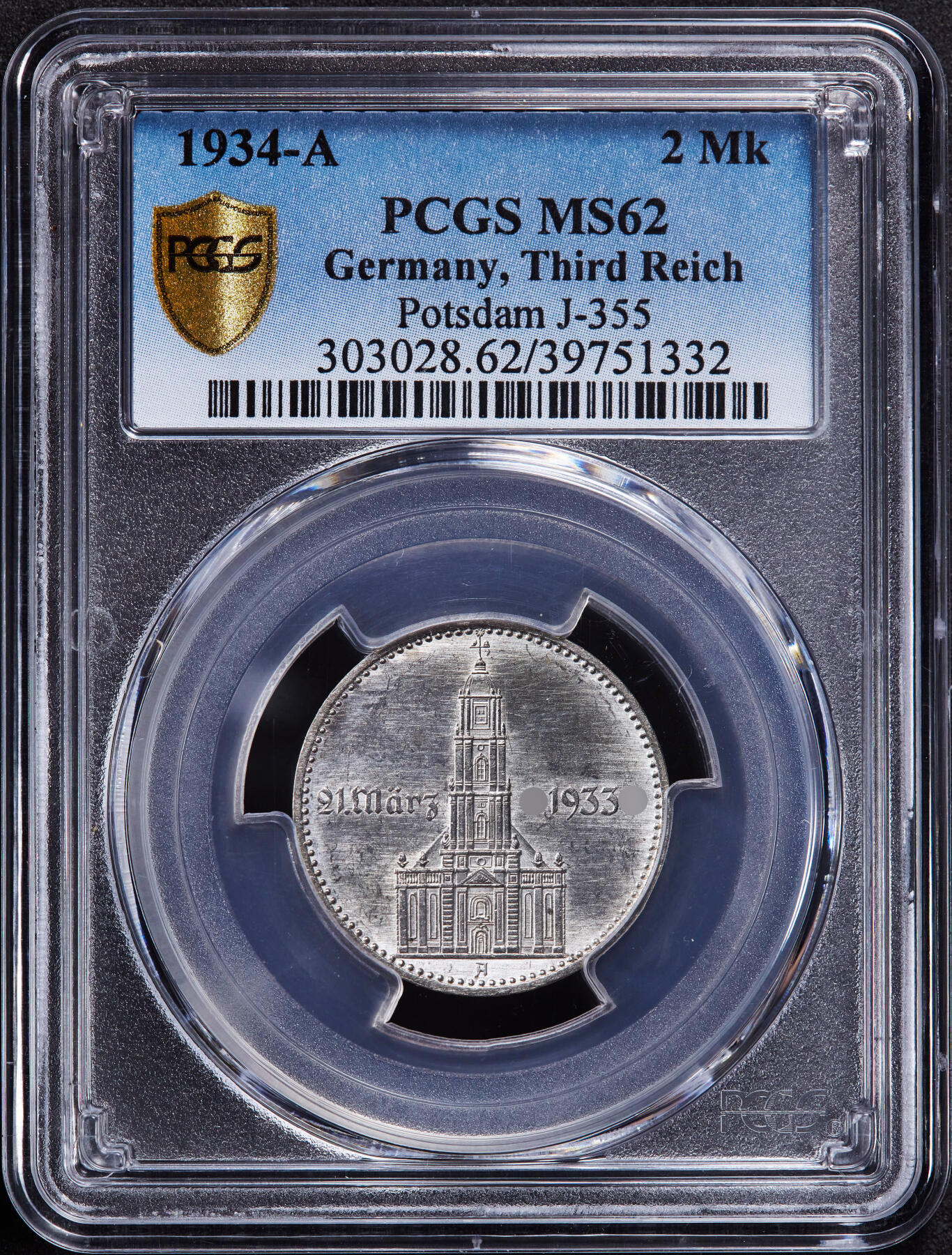 【俄甄集藏】2025年(044)11-12星期三晚 19:30 全场包邮 德国第三帝国1934年A版波茨坦教堂加字2马克银币，PCGS MS62，转光品相，少见品种，原图联系客服
