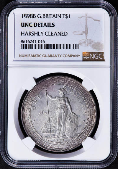 【俄甄集藏】2025年(044)11-12星期三晚 19:30 全场包邮 - 英国1898年维多利亚B版站洋1元贸易大银币，NGC UNCD，单面酱彩老包浆，转光品相