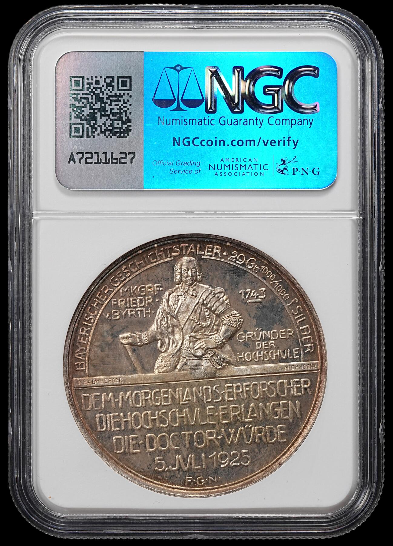 修遠堂世界钱币第九十一期 NGC MS64 1925年巴伐利亚王储-鲁普雷希特（路德维希三世长子）被埃尔朗根大学授予荣誉学士学位纪念大银章