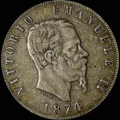 【雨安】【世界币章112-113期】周五/周六 两场连拍 2025-10-31 周五 19:30 保真 8秒倒数自动落锤 高效拍卖  - [裸币各国] Italy 意大利 5里拉 1874年 埃马努埃莱二世