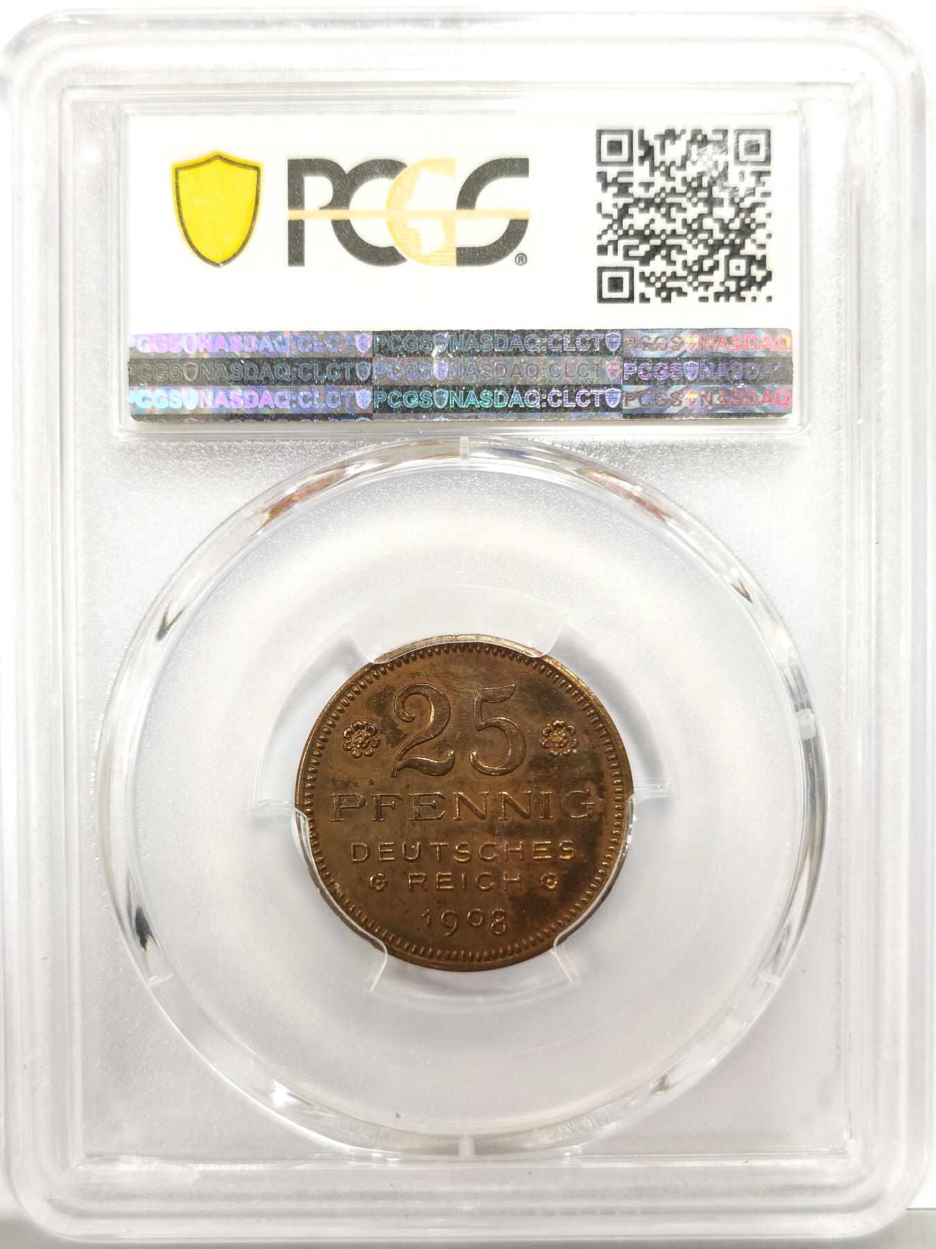 博洋堂世界钱币拍卖第144期（全场包邮） PCGS SP63RB 德国1908年25芬尼铜样币，少见品种，底板五彩