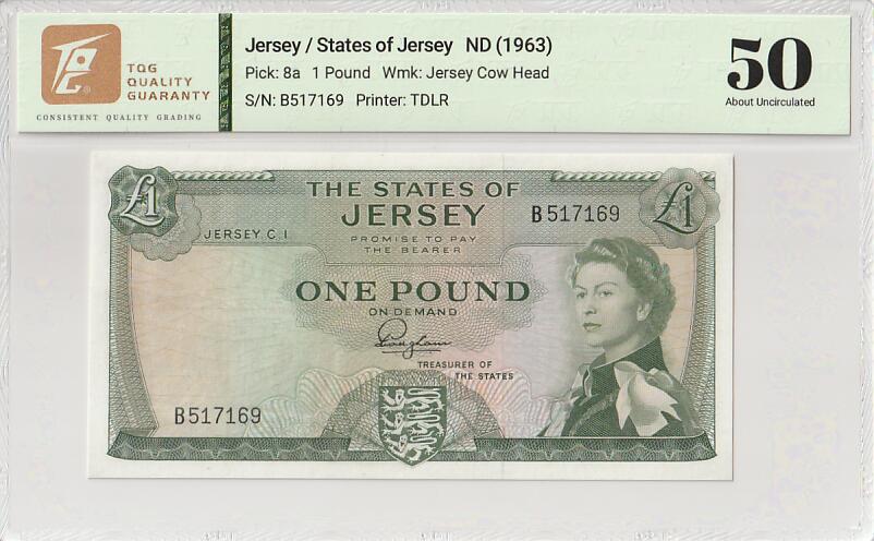 2025十一月第一期，总199期 泽西岛1963版1镑TQG50分，戎装女王和欧吉尔山城堡，早期旧币制品种