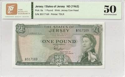 2025十一月第一期，总199期 - 泽西岛1963版1镑TQG50分，戎装女王和欧吉尔山城堡，早期旧币制品种