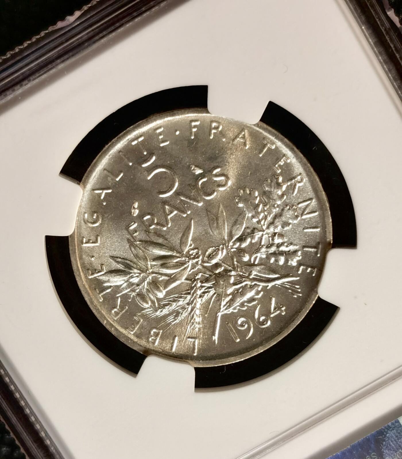 甄臻铺-世界币章拍卖（第37期），送拍享返佣金等优惠多多 NGC-MS65 法国 1964年 播种女神 5法郎银币 粉光