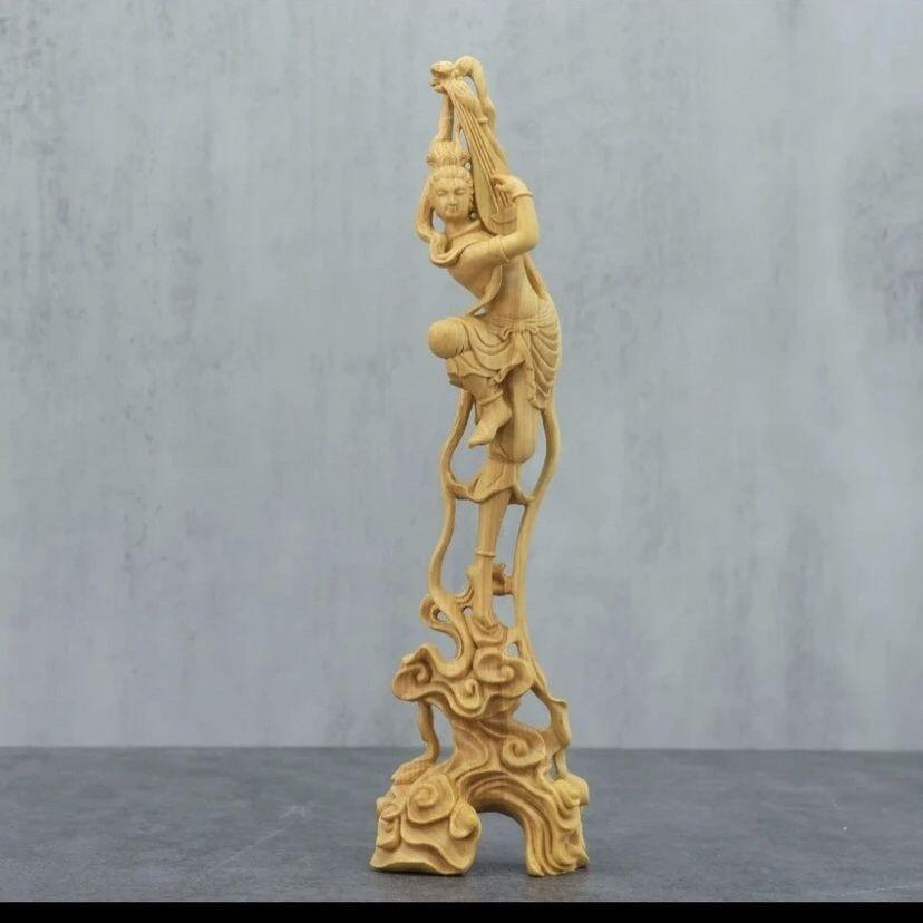 听雨轩（13） 敦煌飞天一对 黄杨木木雕 高约23cm