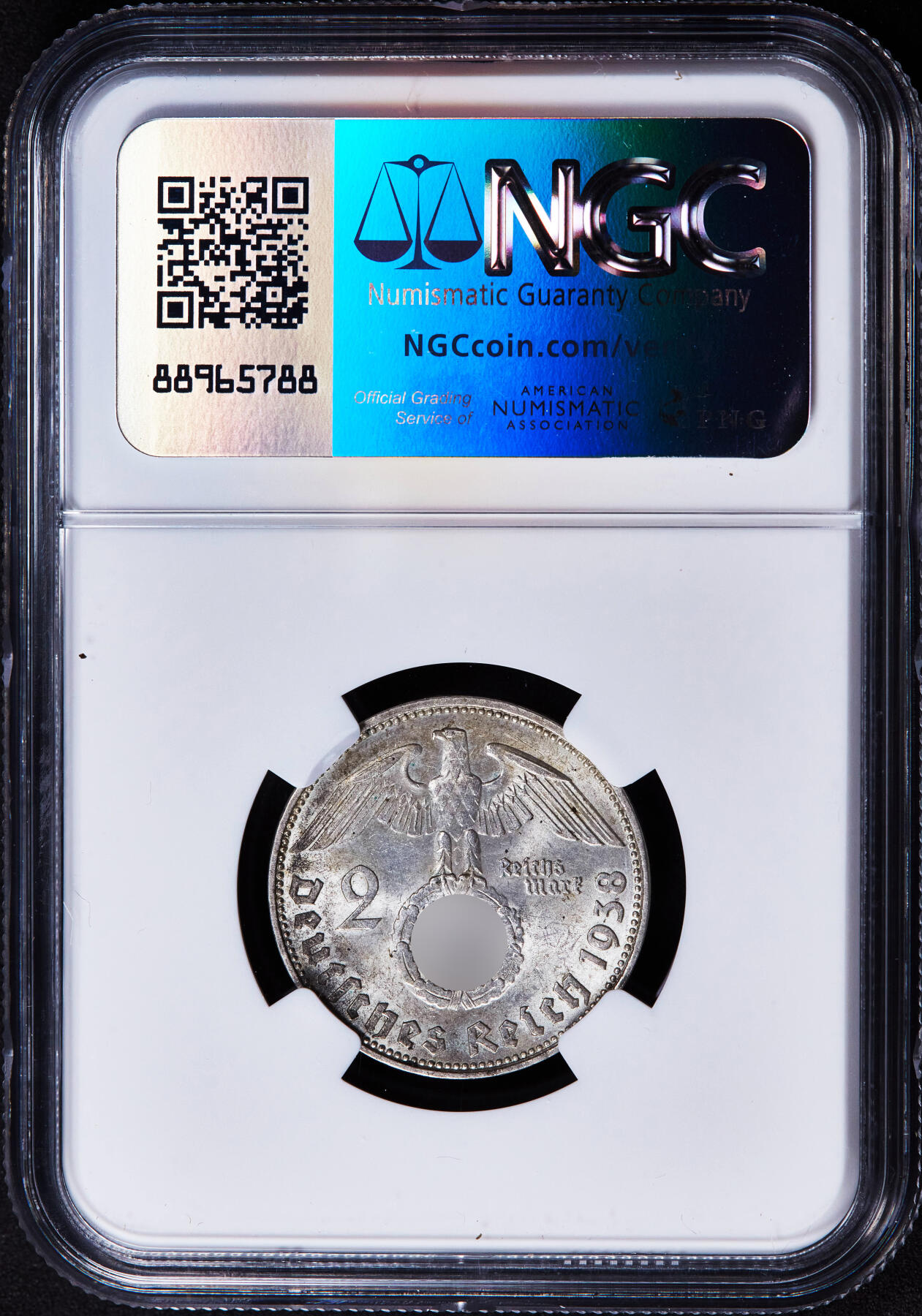 【俄甄集藏】2025年(044)11-12星期三晚 19:30 全场包邮 德国第三帝国1938年A版2马克银币，NGC MS62，原味转光，原图联系客服