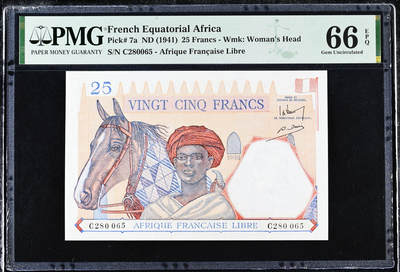【Blue Auction】世界纸币精拍第744期——18级TOP拍卖/信誉/品质/专业/高效💫 - 【仅1张更高分 无47】法属赤道非洲 1941年25法郎 PMG66EPQ 大金狮（远比法属西非版少见）