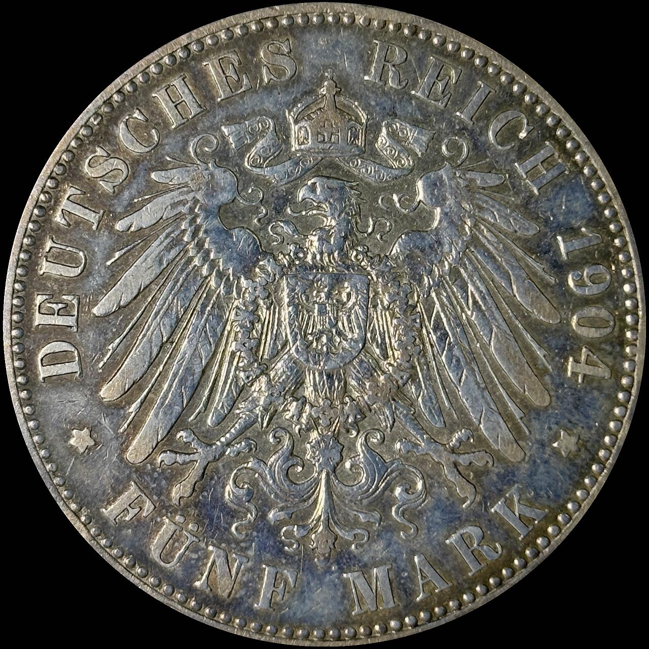 【雨安】【世界币章112-113期】周五/周六 两场连拍 2025-10-31 周五 19:30 保真 8秒倒数自动落锤 高效拍卖  [裸币德国] Germany 德国 帝国 普鲁士 5马克 威廉二世 1904年