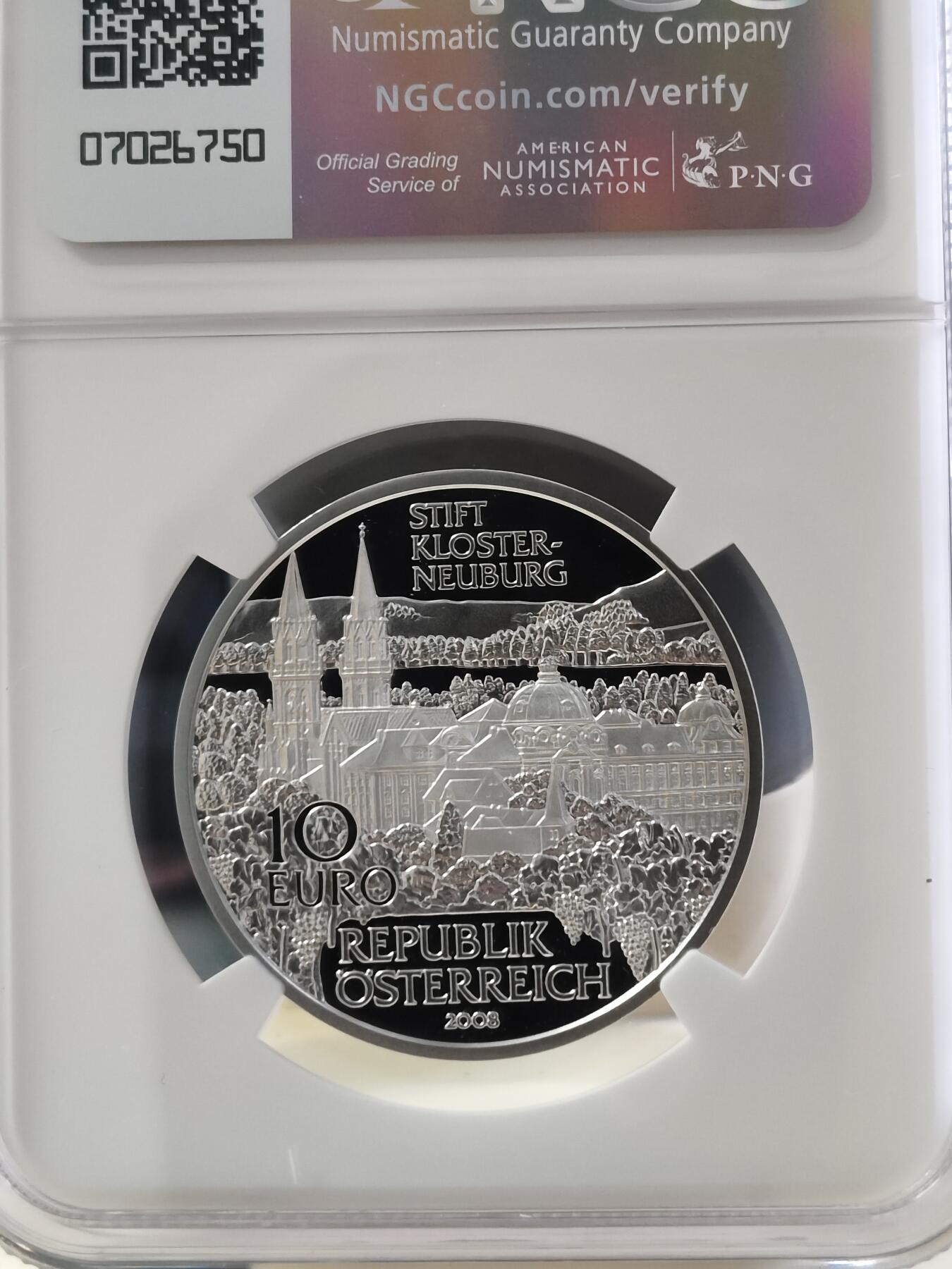 第180期拍卖【长期征集拍品】【北京币展专场】 奥地利2008年克洛斯特新堡修道院卡装纪念银币NGC-PF69，获克劳斯2010年度最佳克朗币大奖，925银，16克