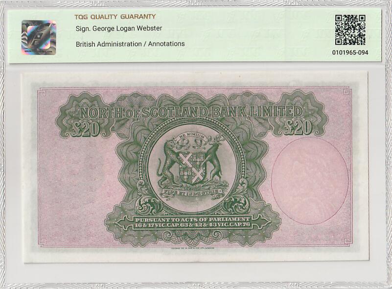2025十一月第一期，总199期 苏格兰北方银行1949年20镑TQG53分无47，阿伯丁大教堂和银行徽章，极稀有早期大票幅大面值品种，已不存在的银行