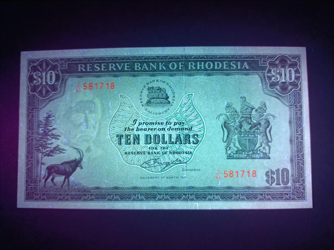 2025十一月第一期，总199期 罗得西亚（现津巴布韦）1976版10元UNC-，大津巴布韦遗址，少见中高面值品种