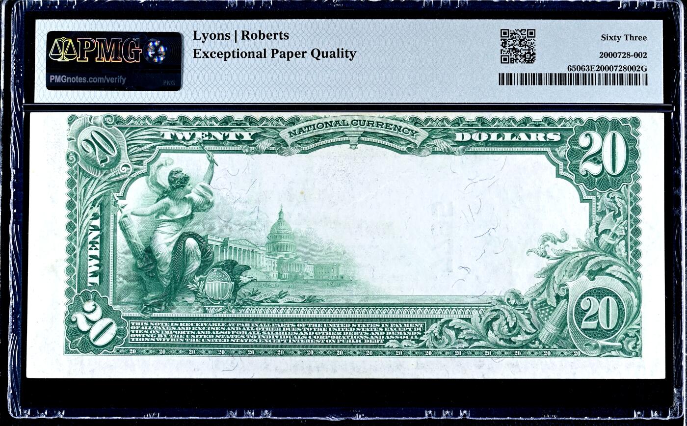 【Blue Auction】世界纸币精拍第744期——18级TOP拍卖/信誉/品质/专业/高效💫 【无47】美国 俄亥俄州 蒂芬商业银行 1902年20美金 PMG63EPQ 大票幅 正面人物为前财政部长休-麦卡洛克 背面美国财政部和国会大厦 半裸的女神 雄鹰 雕刻精美 （同fr同州同银行同分的一张22年拍了930美金） 