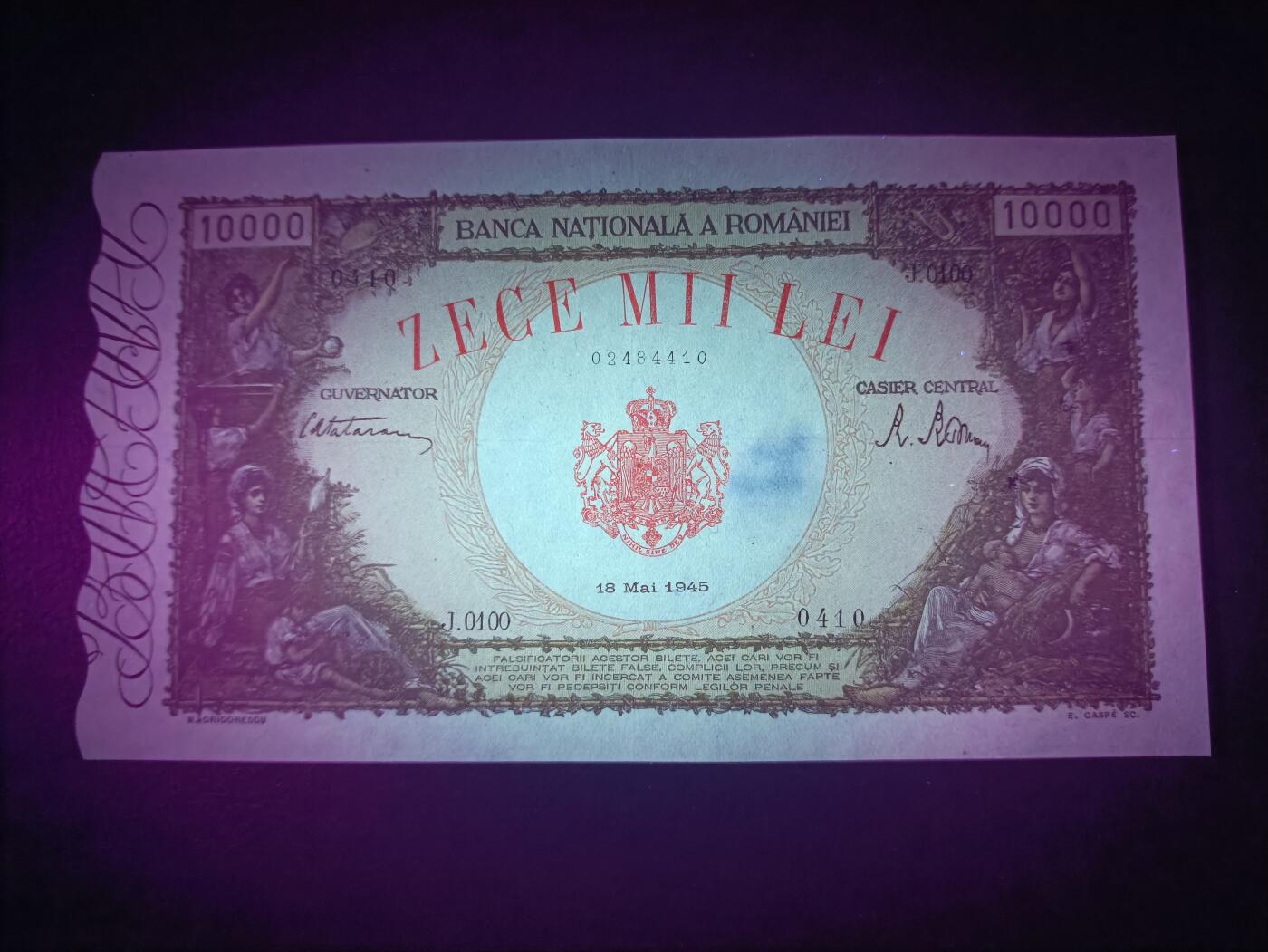 2025十一月第一期，总199期 罗马尼亚1945年10000列伊AUNC，农妇主题，独特的波浪边设计，稀有的大面值