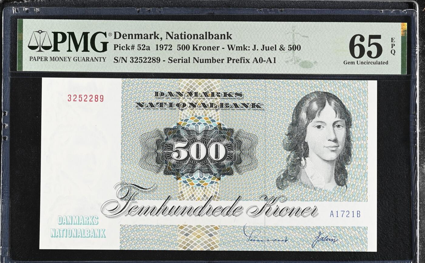 《艾美收藏》第218期-11.2周日外币荟萃 丹麦1972年初版A1冠500克朗PMG65E全新品相长号段无47，A1721B代表72年，名誉品大蜥蜴 Pick#52a