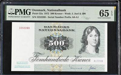 《艾美收藏》第218期-11.2周日外币荟萃 - 丹麦1972年初版A1冠500克朗PMG65E全新品相长号段无47，A1721B代表72年，名誉品大蜥蜴 Pick#52a